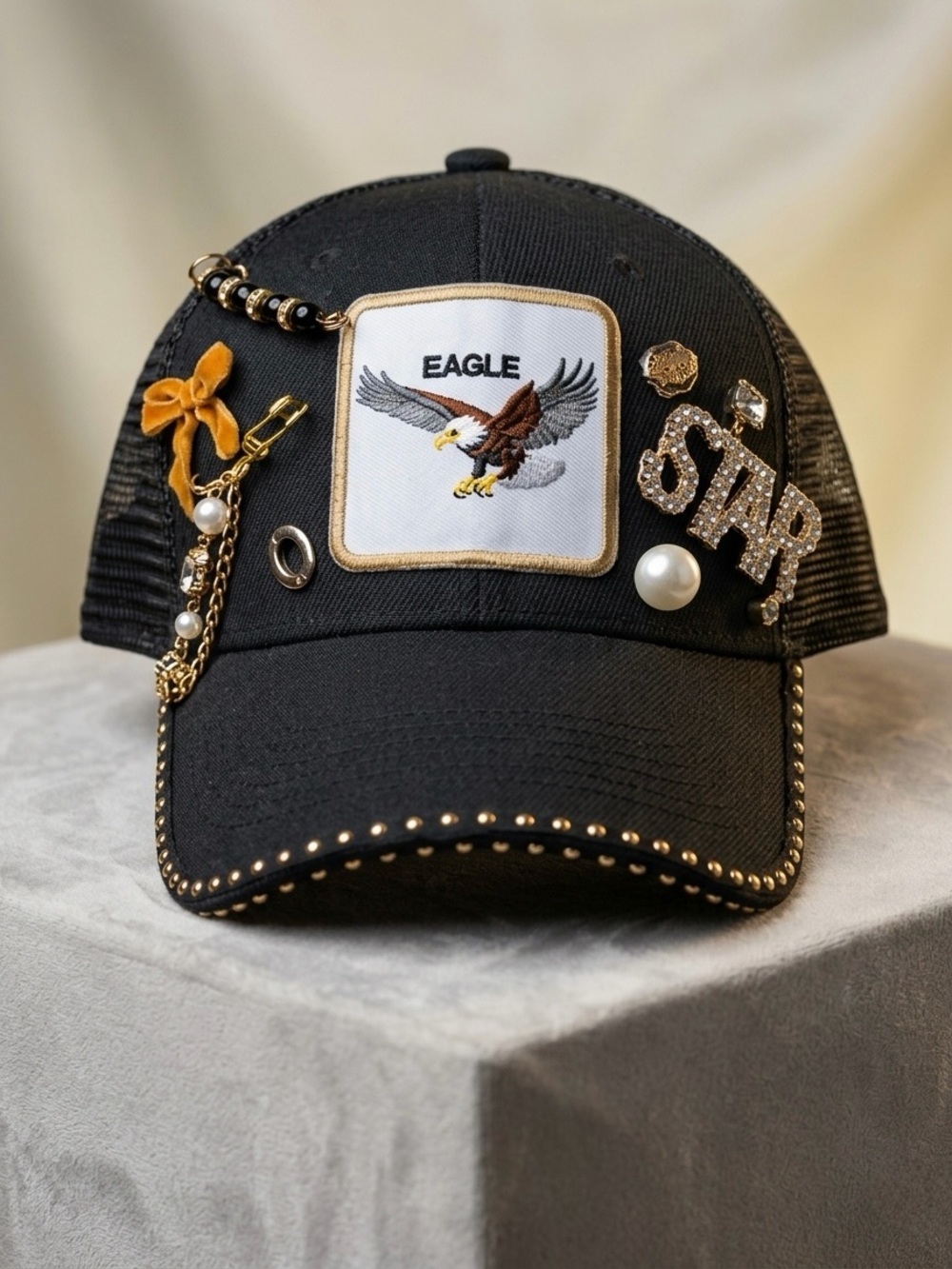 Embellished Black Eagle Patch Baseball Cap